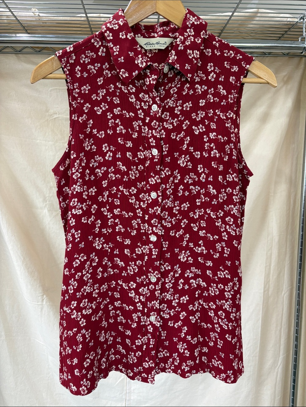 Eddie Bauer Crimson Red Floral Sleeveless Button-Down Shirt